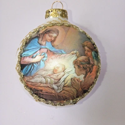EGGL" Edle  SEIDENBILD Weihnachtskugel - Maria und Josef " weiß Ø 8 cm - Bild 1 von 2