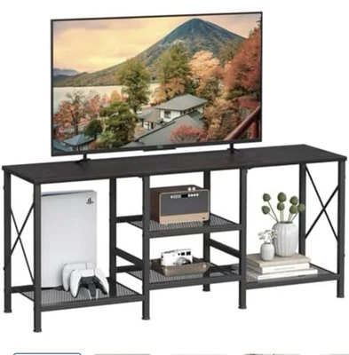 Soporte de TV para centro de entretenimiento de 55 pulgadas con estantes abiertos de 3 niveles, negro Foto 1 de 4