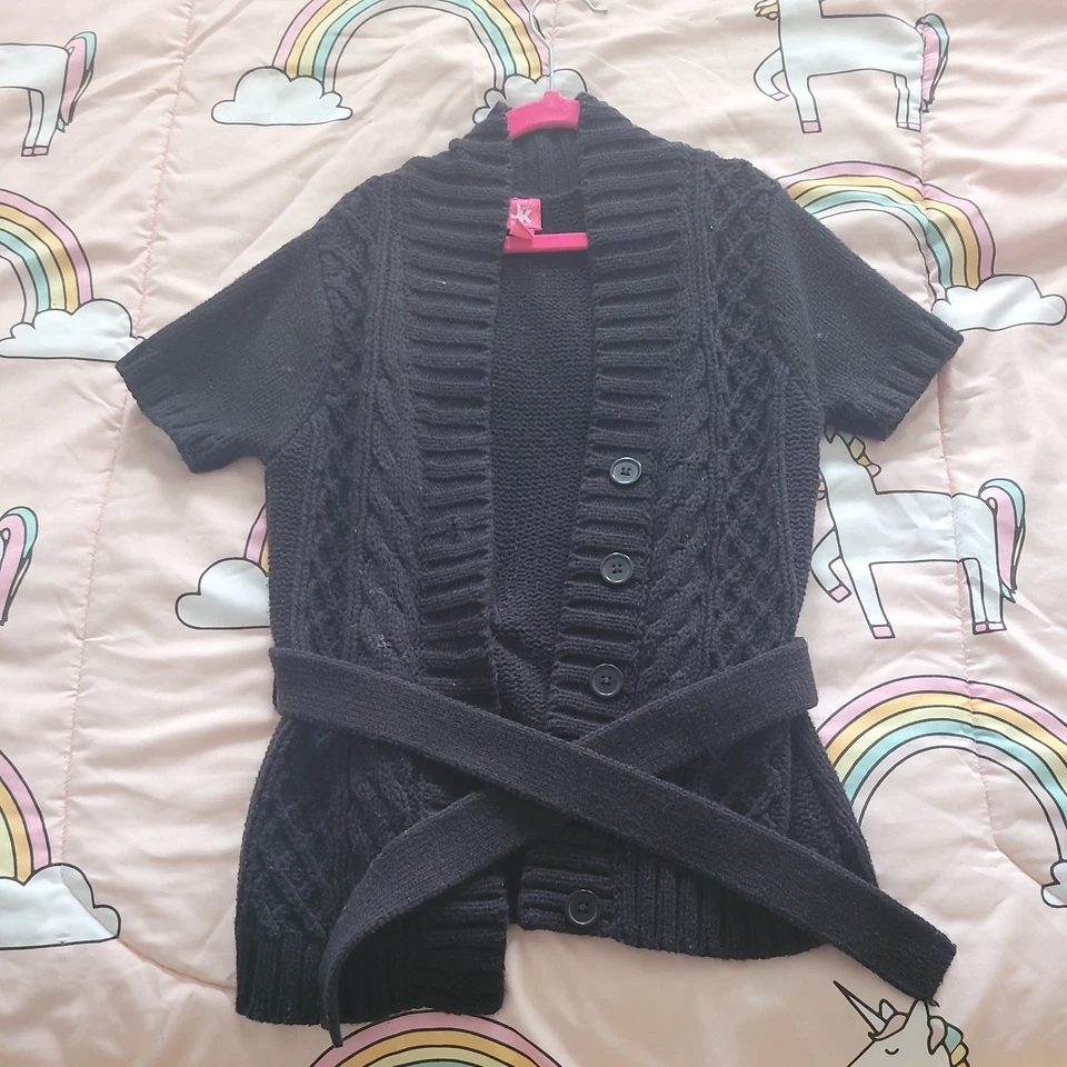 J. Khaki Girl's Black Cardigan Size Medium Five-button with Attached Belt - Image 1 of 4