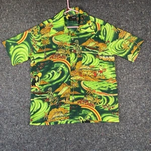 Vintage Van Cort Shirt Mens Medium 70’s Hawaiian Tiki Hula Girl Rainbow Green - Picture 1 of 9