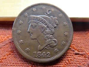 1842 Stati Uniti capelli intrecciati grande centesimo 1c moneta rame - (buone condizioni) - Foto 1 di 2