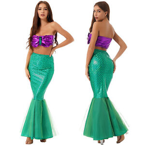 Women's Glitter Fishtail Skirt Off Shoulder Crop Top Mermaid Cosplay Fancy Dress