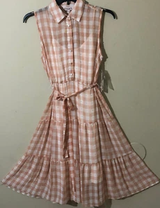 Nanette Lepore Chiffon Lined Sleeveless Belted Dress Tiered Blush/White Sz 8 New - Picture 1 of 7