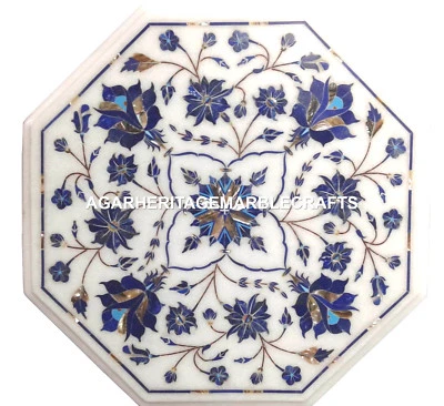 Custom Marble Side Table Top Mosaic Lapis Floral Arts Inlaid Work Outdoor Decors - Image 1 of 4