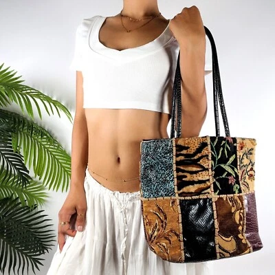 Vintage Y2K Animal Print Patchwork Bohemian Shoulder Bag Indie Hippie Tote Purse - Image 1 of 4