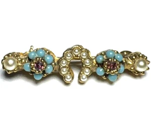 Spilla gioielli vintage spilla oro lingotto ferro di cavallo semi fortunati perla strass blu 4 - Foto 1 di 2