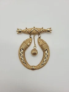 VTG Unique Double Snake Head Large Brooch Pin Gothic Style Serpent Gold Tone - Picture 1 of 9