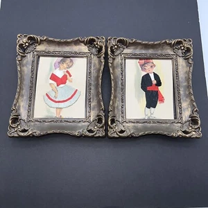 Vintage 70s Girl & Boy w/Big Eyes Fallarda Embroidered Wall Art 7 x 5.5 - Picture 1 of 10