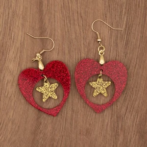 Christmas/Valentine Heart & Star drop dangle earrings, red/gold glitter acrylic - Picture 1 of 2
