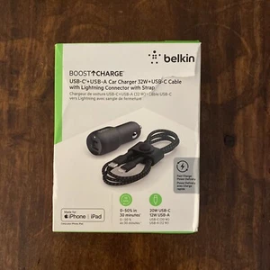 Belkin BoostCharge 32W Dual Port Car Charger USB-C 20W USB-A 12W Cable Open Box - Picture 1 of 7