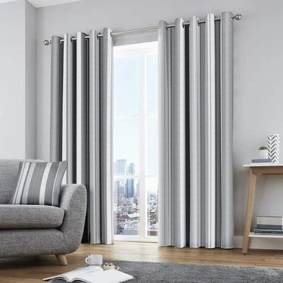 Fusion - Grey Stripe Curtains W90 x L90" (229 x 229cm) - 2x Panels - 100% Cotto - Image 1 of 4