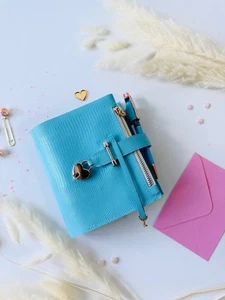Sky-Blue leather notebook cover A7,  2 big rings mini wallet planner. - Picture 1 of 19