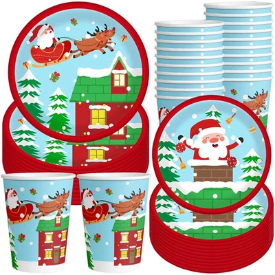 Conjunto de utensílios de mesa para festa de Natal para 10 | Pratos e xícaras de papel de Papai Noel - Imagem 1 de 4