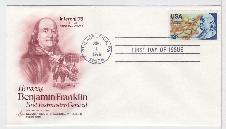 TurtlesTradingPost- Benjamin Franklin - 1976  #1690  FDC - Artcraft  Hand Cancel - Image 1 of 1
