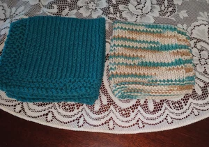 Hand Knit - Dishcloth/Washcloth - Set of Two (2)  Multi  Color Green & Beige - Picture 1 of 1