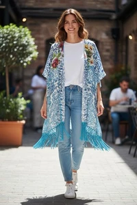 Johnny Was L 100% Seide Kimono Oberteil Wickeljacke leicht cool Sommer BOHO Gr.S - Bild 1 von 7
