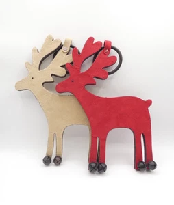 2 REINDEER CHRISTMAS SEASONAL RING HANGING RED & BEIGE 15" DECORATIONS /W BELLS - Picture 1 of 19