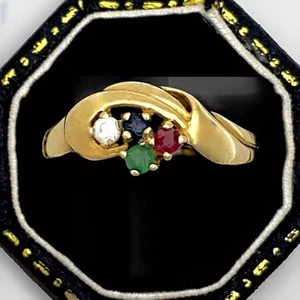 Diamond Gemstone Ring 9ct Gold 1.9grams Emerald Ruby Sapphire Gems - Size O - Picture 1 of 5