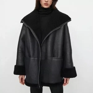 Women's RAF B3 Real Lambskin Leather Jacket - Black Lined Shearling Fur Jacket - Picture 1 of 6