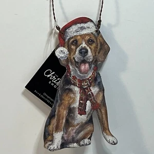 Beagle Dog Wooden Christmas Ornament Plaid Scarf Santa Hat 5 1/4" x 3" New - Picture 1 of 2