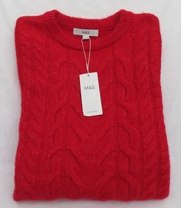 LADIES MARKS AND SPENCER LACQUER RED CABLE KNIT CREW NECK JUMPER SIZE M - Picture 1 of 8