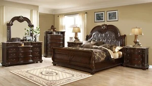 Formal Bedroom Furniture Set 4pc Queen Bed Marble Top Nightstand Dresser Mirror - Picture 1 of 5