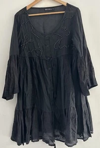 Ishka Dress Size M Black Long Sleeve Boho Bohemian Cotton Embroidered Button - Picture 1 of 11