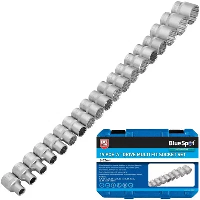 19 PIECE 1/2" SQUARE DRIVE MULTI FIT SOCKET SET 8mm TO 32mm BLUESPOT 01554 - Image 1 of 4