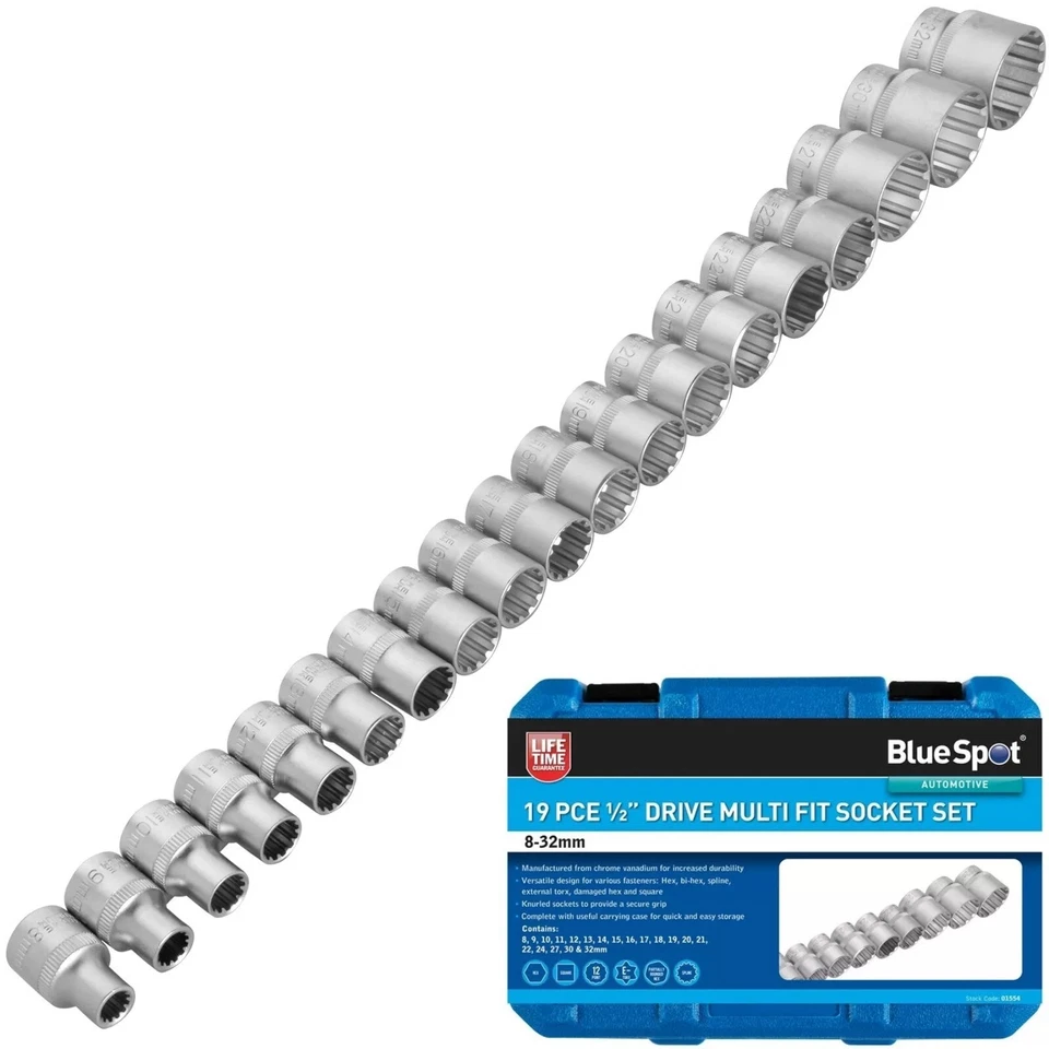19 PIECE 1/2" SQUARE DRIVE MULTI FIT SOCKET SET 8mm TO 32mm BLUESPOT 01554 - Image 1 of 4