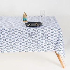 Color Blue Floral Block Print Table Cover Indian Handmade Soft Cotton Cloth - Picture 1 of 5