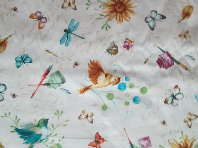 Dragonfly Butterfly Birds Flowers Dragonflies Artist Crearm Cotton Fabric FQ  - Image 1 of 4