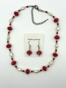 Genuine Freshwater Pearl Red Bead Silver Tone Necklace And Drop Earring Set - Picture 1 of 21
