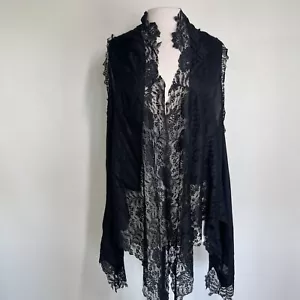 Lace Vest Womens Medium Black Silk Open Witchy Dark Gothic Steampunk Heart Back - Picture 1 of 17