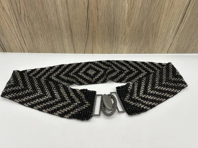 Seed Bead Stretch Belt Black Clear 2.5 in Wide Geometric Boho Chevron GUC - Image 1 of 4