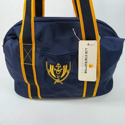 Liz Claiborne Nautical Tote Travel Bag Duffle Anchor Small Nylon Blue Yellow 90s - Image 1 of 4