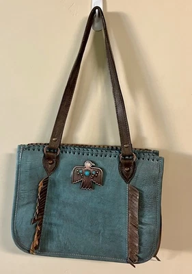 Bolso de Mano Vintage American West Cuero Tooled Turquesa Cobre Thunder Bird Foto 1 de 4