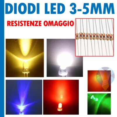 DIODI LED 3 - 5 mm + RESISTENZE 12V OMAGGIO BIANCHI BLU ROSSO VERDE ARANCIONE - Immagine 1 di 4