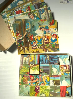 Rompecabezas vintage de bloques de madera de 6 caras Blancanieves y siete enanitos Foto 1 de 4