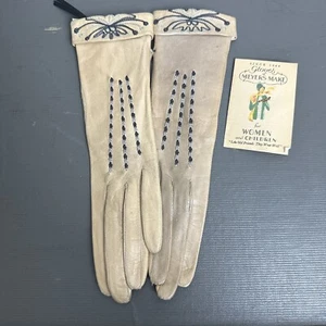 Vintage 1930s Leather Gloves Tan Blue Embroidery Original Instructions - Picture 1 of 8