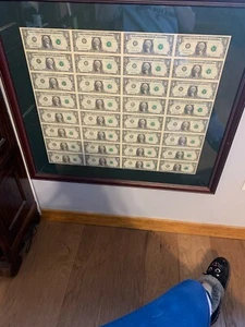 FRAMED UNCUT SHEET OF (1995 SERIES) $1 DOLLAR BILLS WITH FREE SHIPPING - Picture 1 of 4