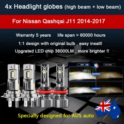 4x Headlight Globes For Nissan Qashqai 2015 2016 High Low beam LED Bulb kit lamp - image 1 of 4