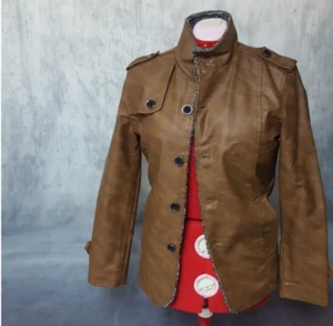 Brown lined cosplay bomber button buckle high collar jacket size M unisex - Picture 1 of 12