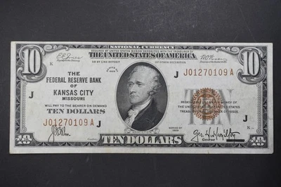 1929 $10 National Currency FRB Brown Seal 1680J Unc. Kansas City Mo. - Image 1 of 2