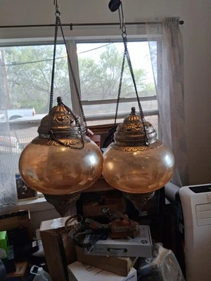 Vintage pair Moroccan Hanging Candle Lantern Luminary ( Great Condition ) Amber  - Image 1 of 4