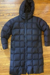 Lands End Daunen langer Mantel abnehmbare Kapuze Damen Petite Medium schwarz Reißverschlusstaschen - Bild 1 von 10