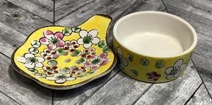 Floral Keramik Teesieb mit Untertasse handbemalt Made in Japan 3" Vintage - Bild 1 von 7