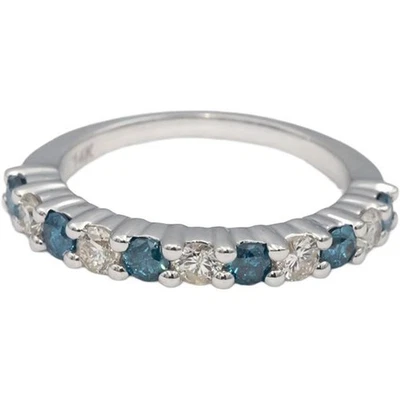Anillo redondo de oro blanco de 14k con banda de diamantes blancos y azules 1,0 quilates talla 7 Foto 1 de 4