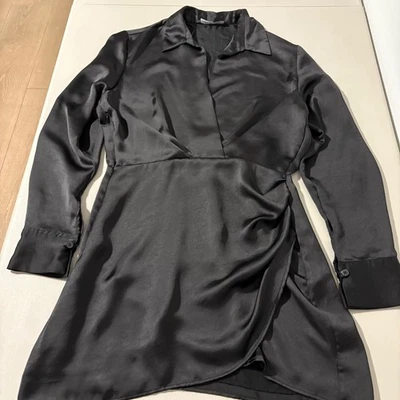 ZARA Black Satin Long Sleeve Wrap Ruched Mini Shirt Dress M Holidays Chic - Image 1 of 4
