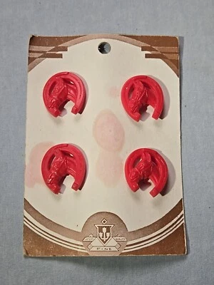 (4) Vintage Red Plastic Buttons On Card Unused Horse Lucky Horseshoe - Image 1 of 3