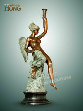 27'' Art Deco Sculpture Goddess Angel Woman Girl Hold Torch Bronze Statue 